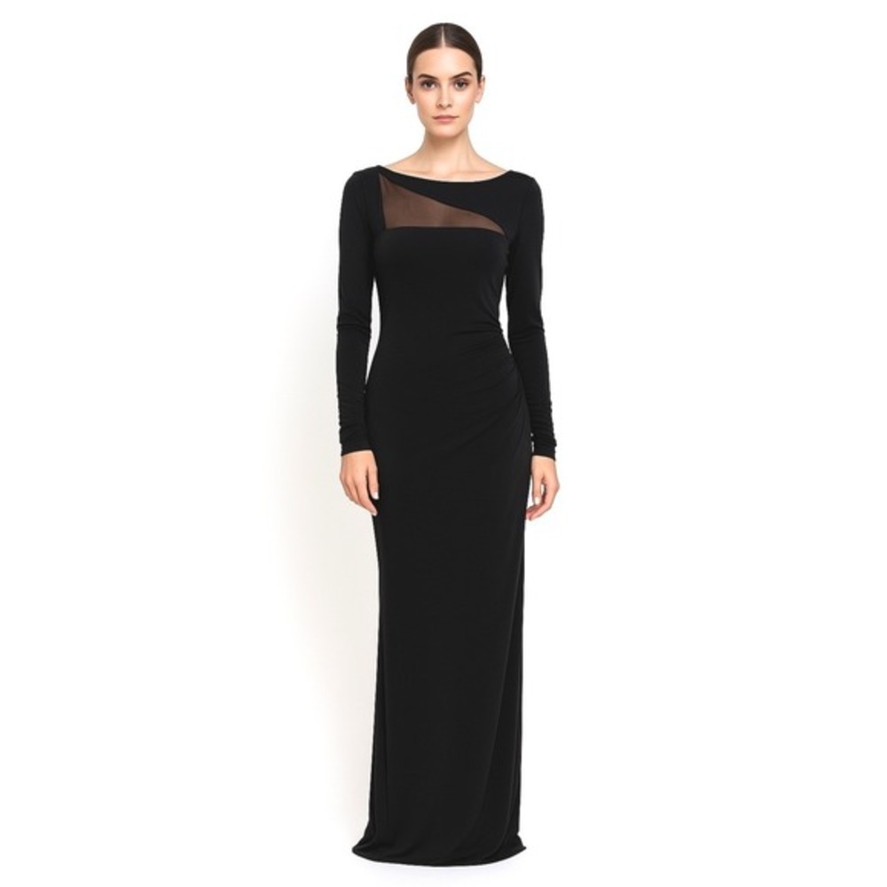 Lauren Ralph‎ Lauren Evening Black Mesh Inset Ruched Dress Long Sleeve 8  83-00